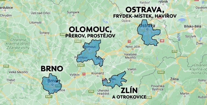 Mapa měst, kde působí služba Albert online